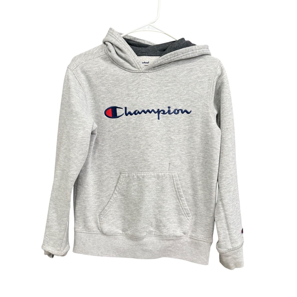 Champion Kids Hoodie Sweatshirt Pullover Long Sleeve Gray Logo Large